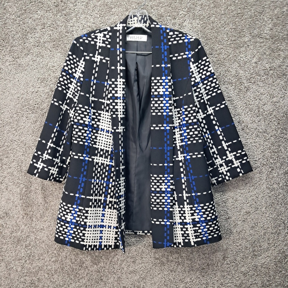 Kasper Womens Black Blue White Grid Plaid Open Front Blazer Jacket 3/4 Sleeve